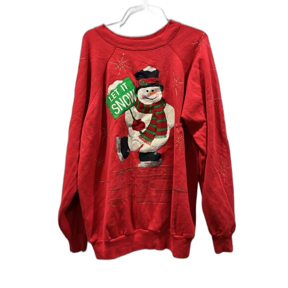 Vintage 90s Let It Snow Snowman Sweatshirt XXLarge Red Made in USA Hanes - Picture 1 of 6